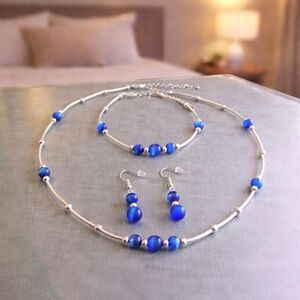 Royal Blue Jewelry Set Handmade Cat's Eye Glass - New Item (17"-20)
